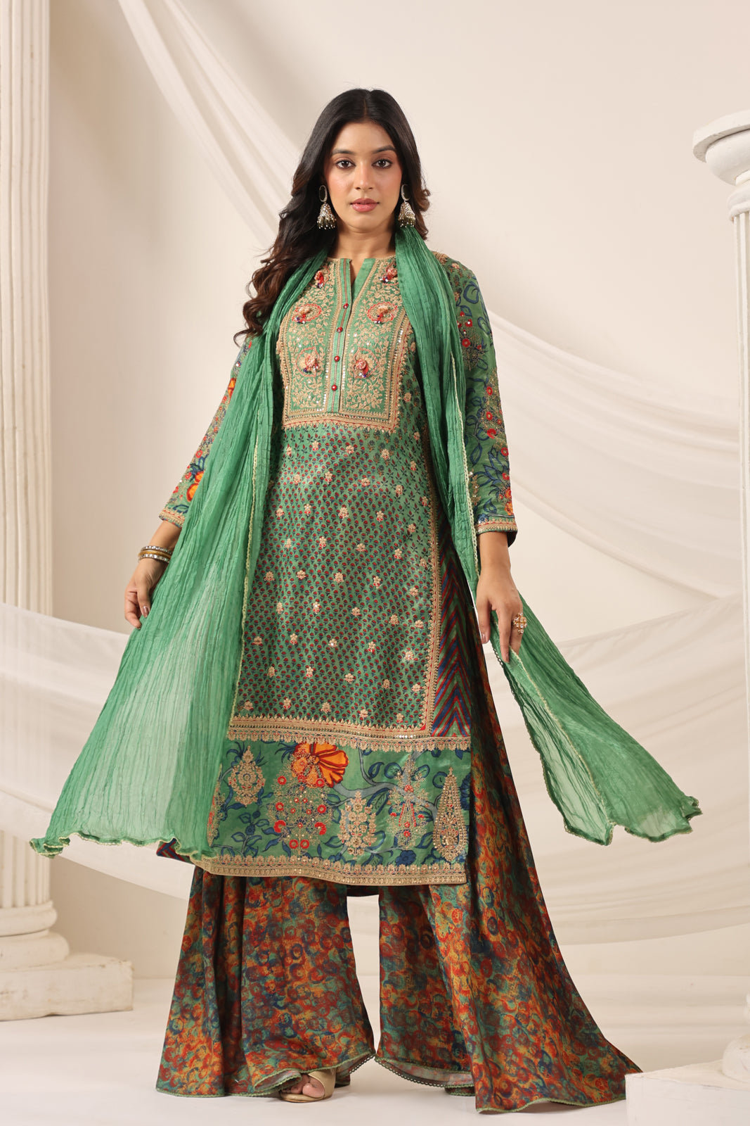 Green Satin Crepe Sharara Suit With Prints & Elegant Embroidery