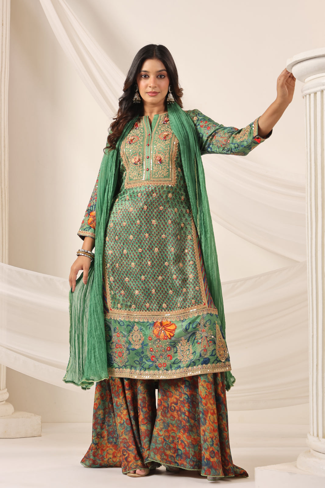 Green Satin Crepe Sharara Suit With Prints & Elegant Embroidery