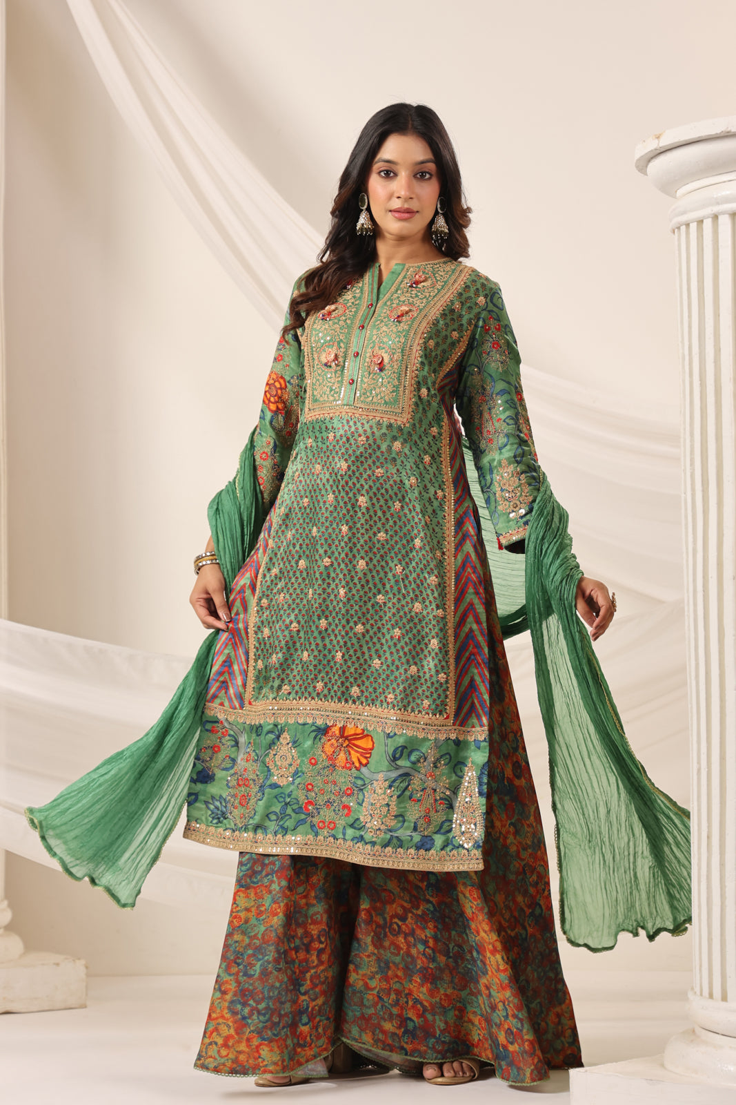 Green Satin Crepe Sharara Suit With Prints & Elegant Embroidery