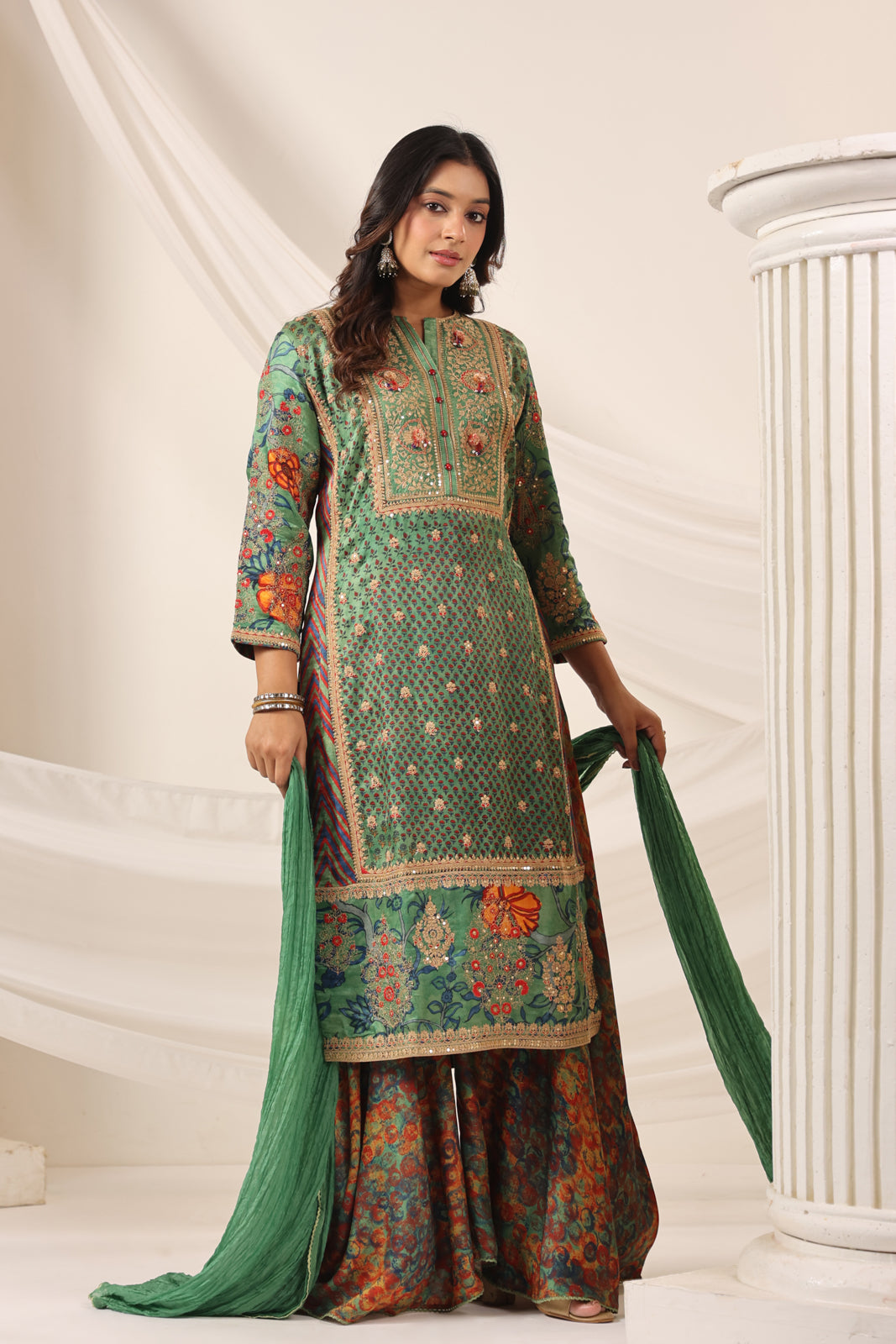 Green Satin Crepe Sharara Suit With Prints & Elegant Embroidery