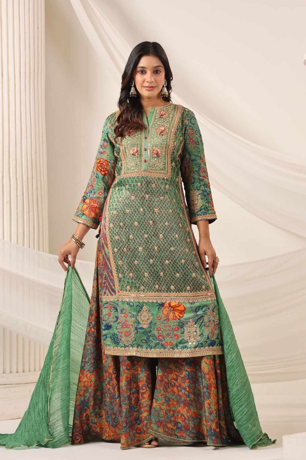 Green Satin Crepe Sharara Suit With Prints & Elegant Embroidery