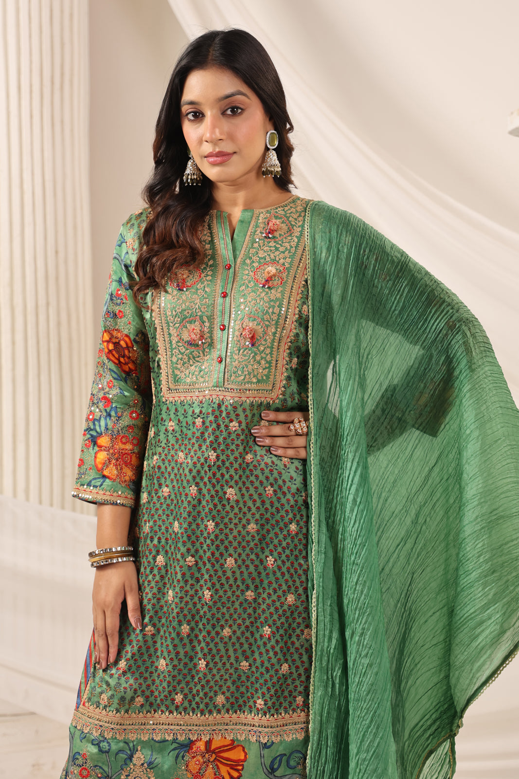 Green Satin Crepe Sharara Suit With Prints & Elegant Embroidery