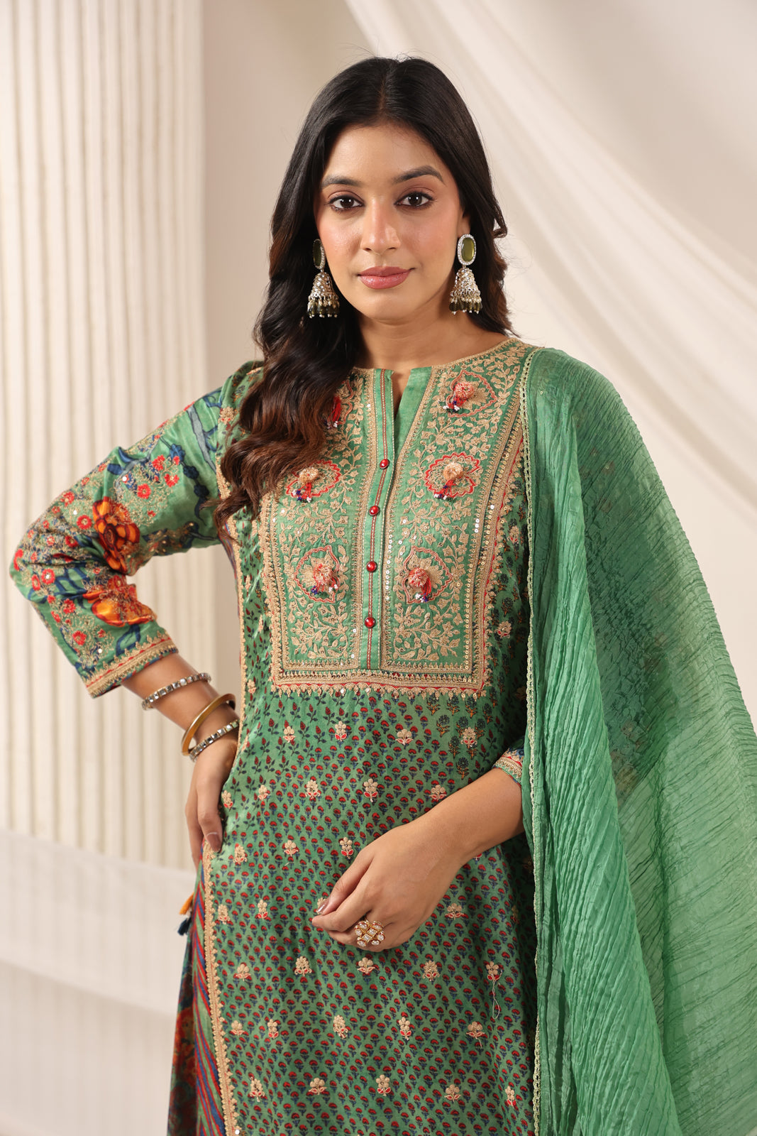 Green Satin Crepe Sharara Suit With Prints & Elegant Embroidery