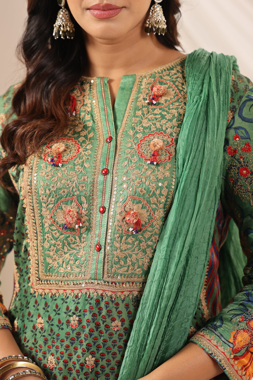 Green Satin Crepe Sharara Suit With Prints & Elegant Embroidery