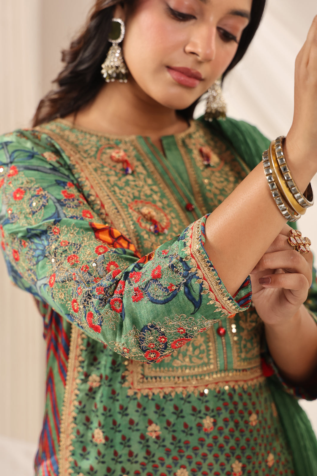 Green Satin Crepe Sharara Suit With Prints & Elegant Embroidery