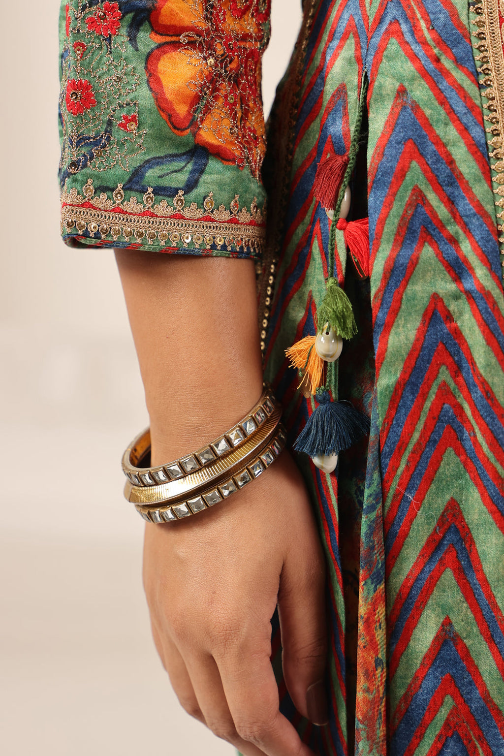 Green Satin Crepe Sharara Suit With Prints & Elegant Embroidery