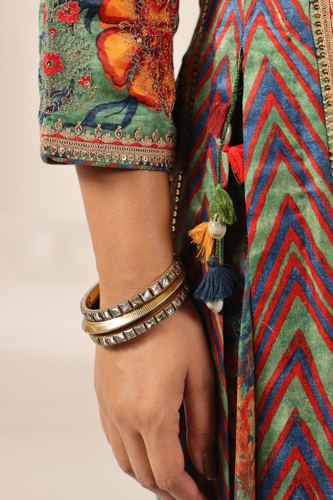 Green Satin Crepe Sharara Suit With Prints & Elegant Embroidery