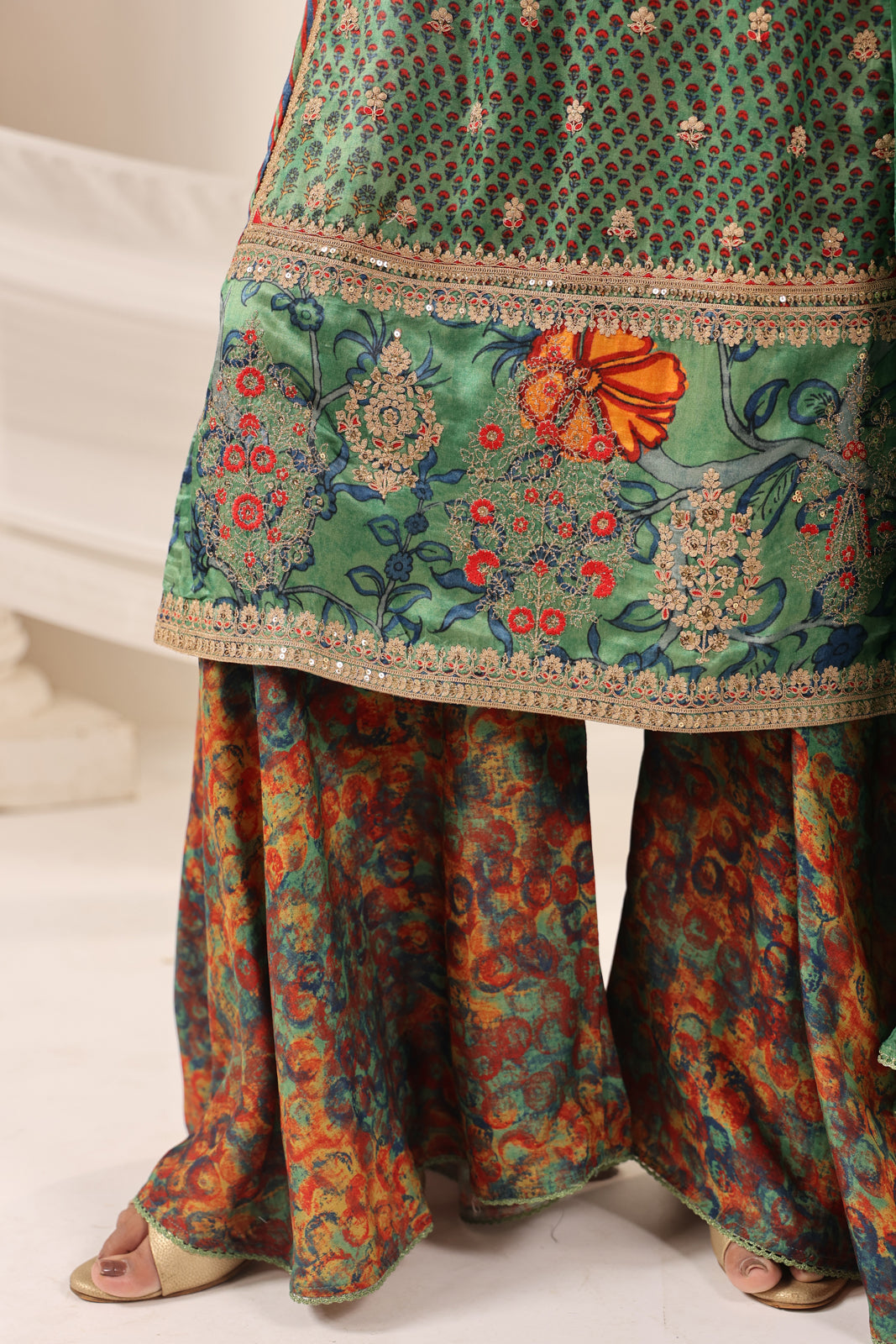 Green Satin Crepe Sharara Suit With Prints & Elegant Embroidery