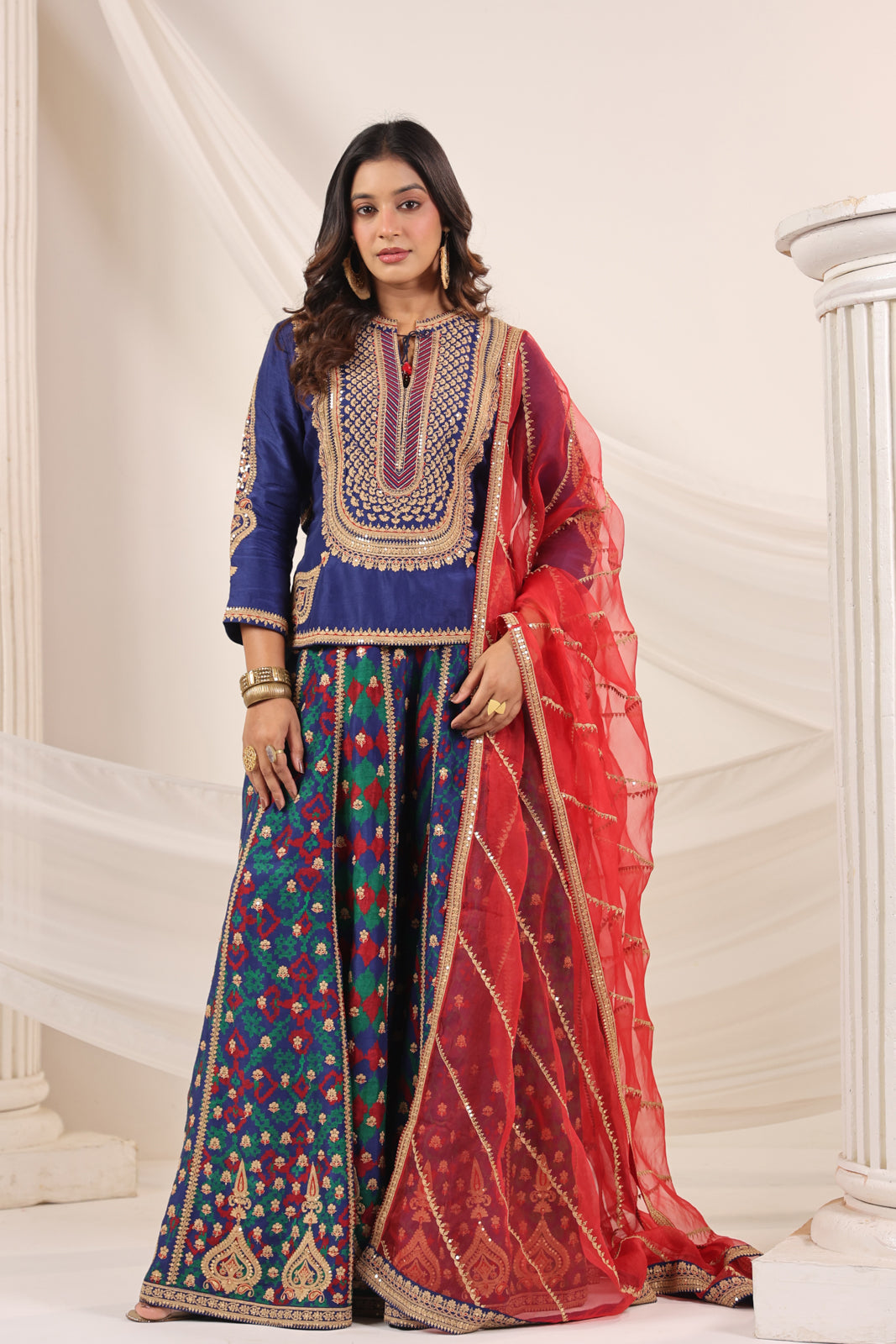 Blue Etnic Peplum Kurti With Lehanga Set And Orange Embroided Dupatta