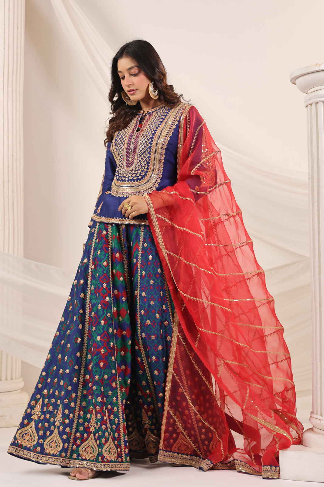 Blue Etnic Peplum Kurti With Lehanga Set And Orange Embroided Dupatta