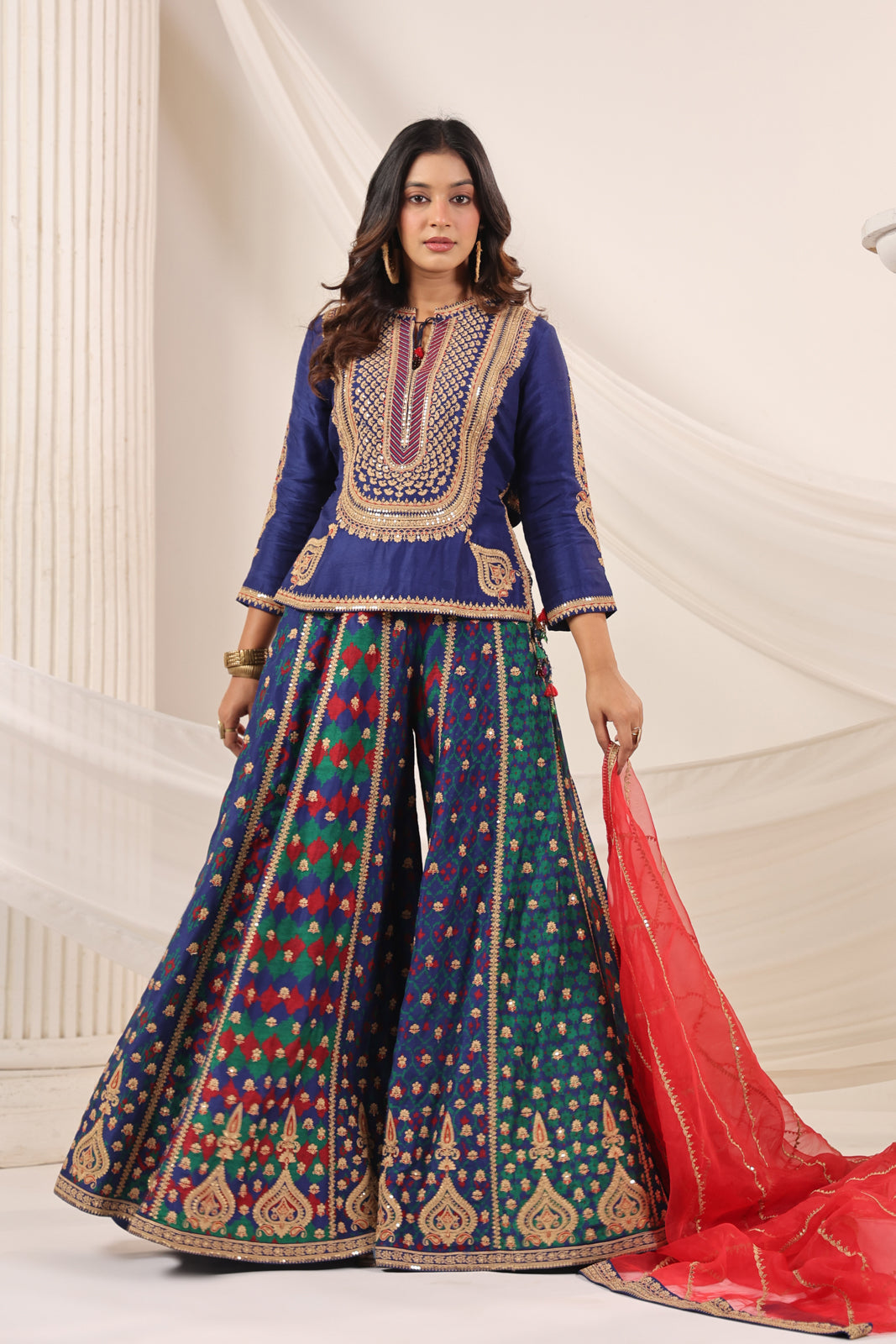Blue Etnic Peplum Kurti With Lehanga Set And Orange Embroided Dupatta