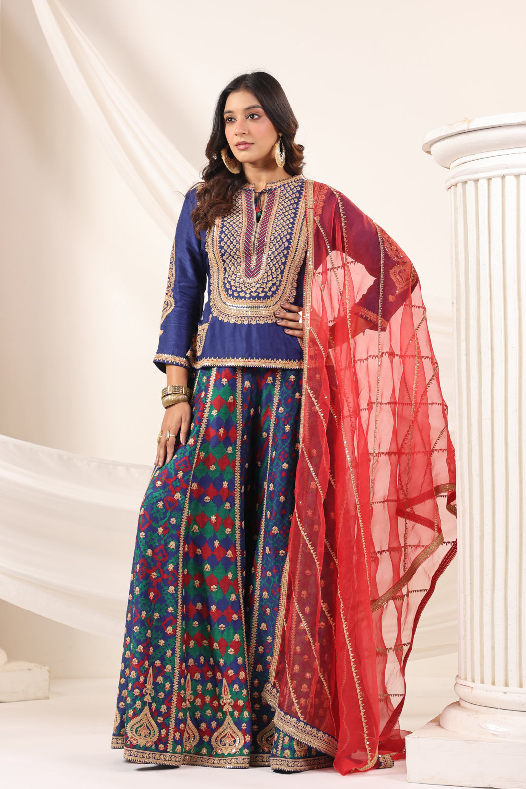 Blue Etnic Peplum Kurti With Lehanga Set And Orange Embroided Dupatta