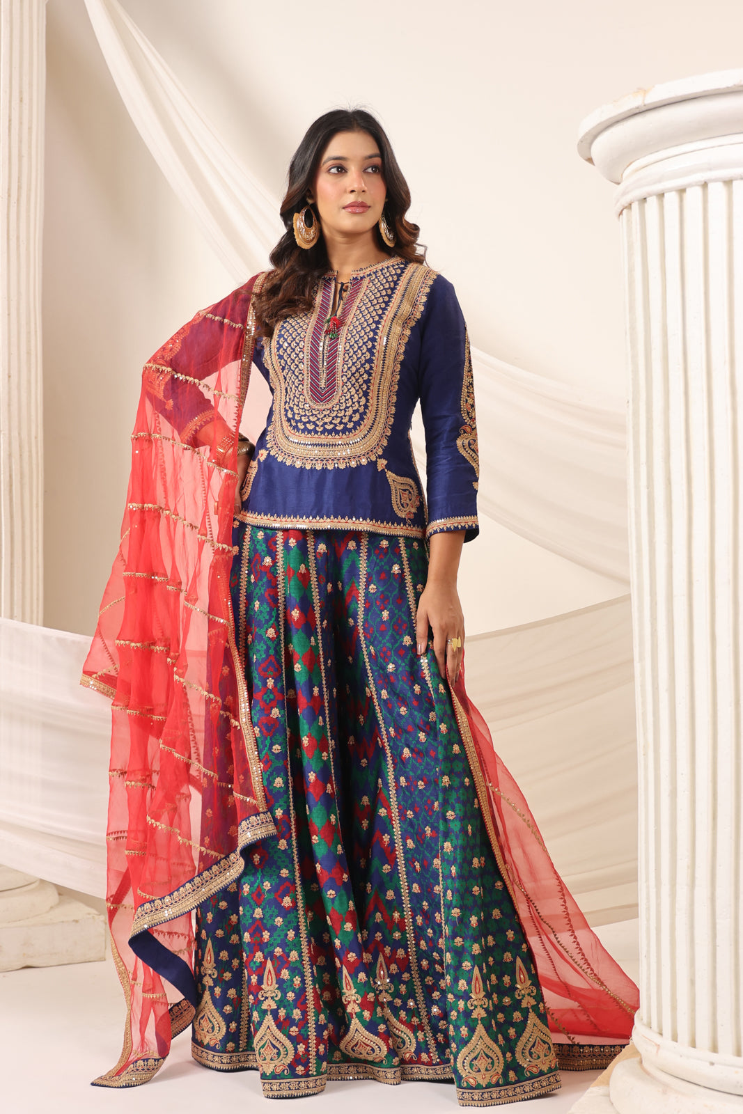 Blue Etnic Peplum Kurti With Lehanga Set And Orange Embroided Dupatta