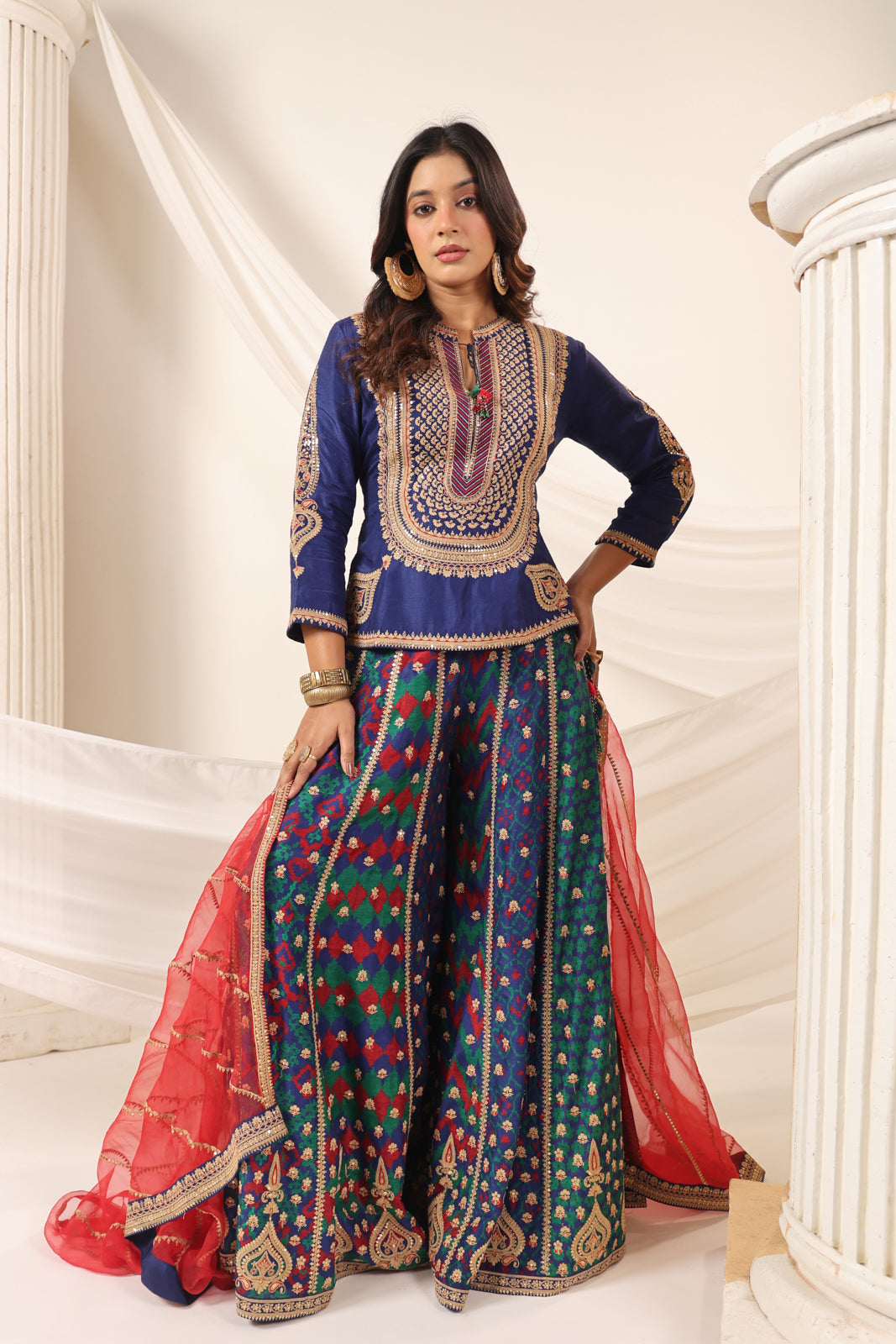 Blue Etnic Peplum Kurti With Lehanga Set And Orange Embroided Dupatta