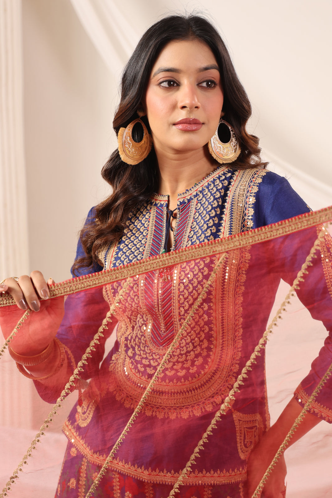 Blue Etnic Peplum Kurti With Lehanga Set And Orange Embroided Dupatta