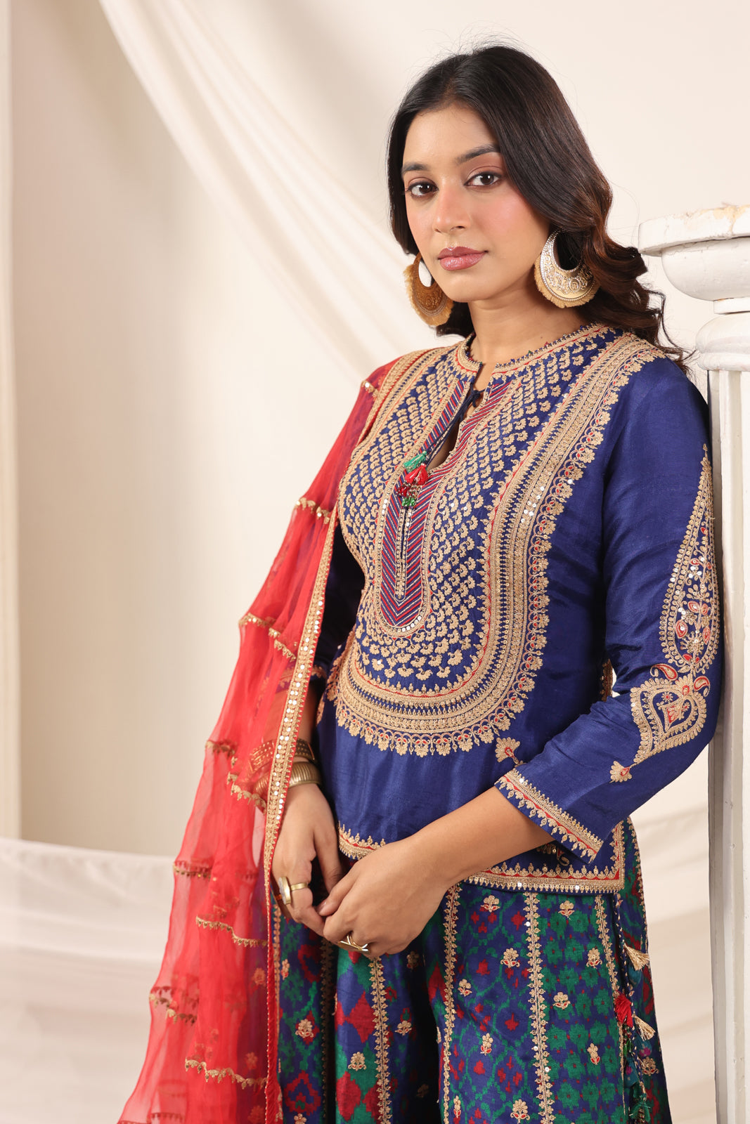Blue Etnic Peplum Kurti With Lehanga Set And Orange Embroided Dupatta