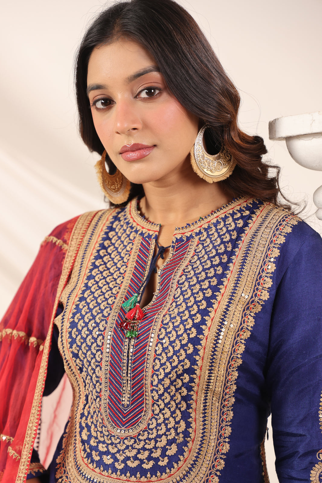 Blue Etnic Peplum Kurti With Lehanga Set And Orange Embroided Dupatta