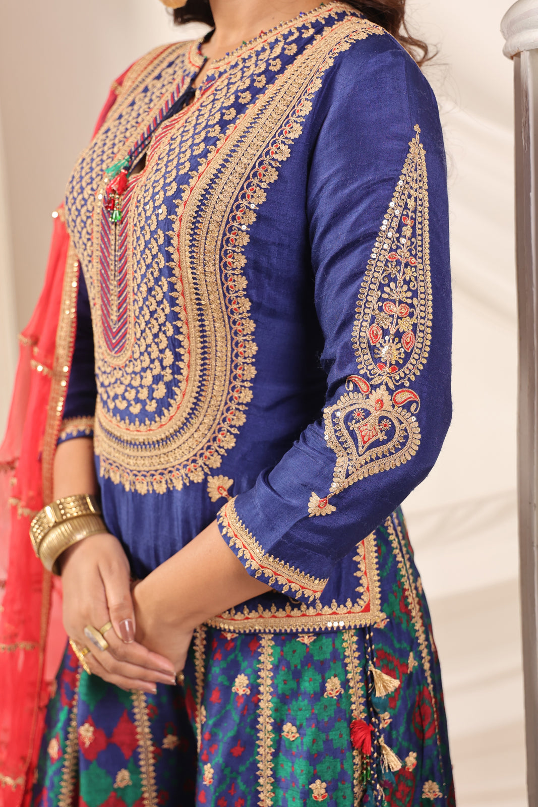 Blue Etnic Peplum Kurti With Lehanga Set And Orange Embroided Dupatta