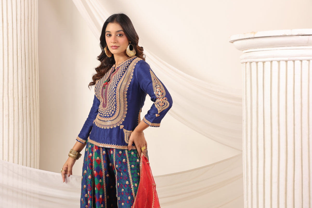 Blue Etnic Peplum Kurti With Lehanga Set And Orange Embroided Dupatta