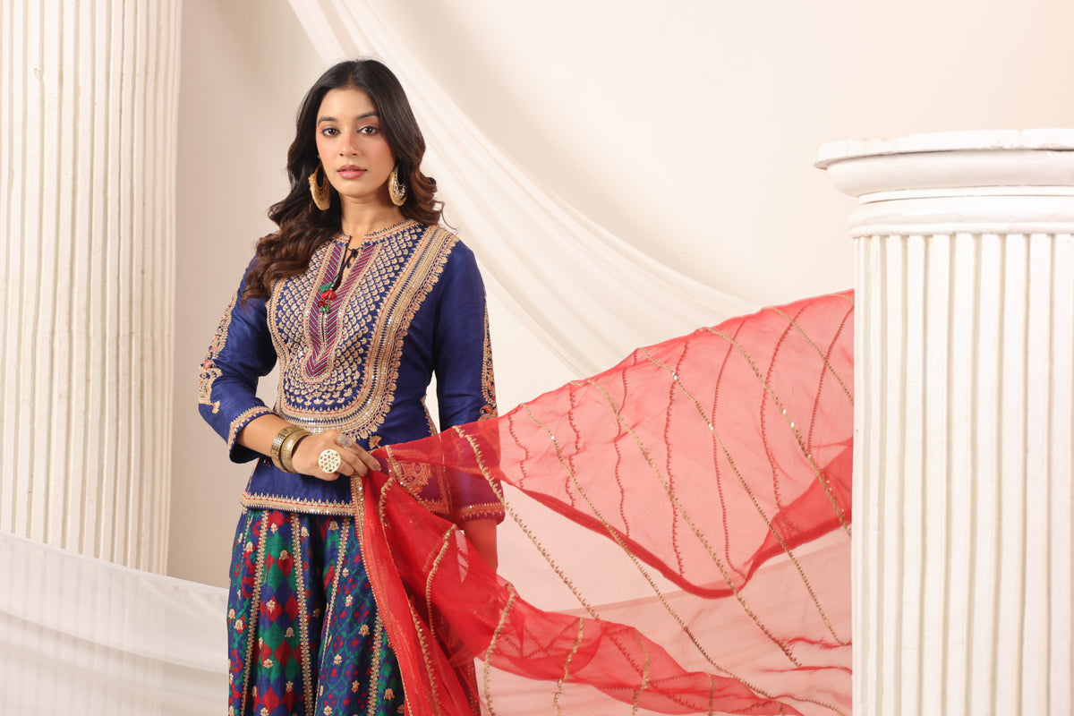 Blue Etnic Peplum Kurti With Lehanga Set And Orange Embroided Dupatta