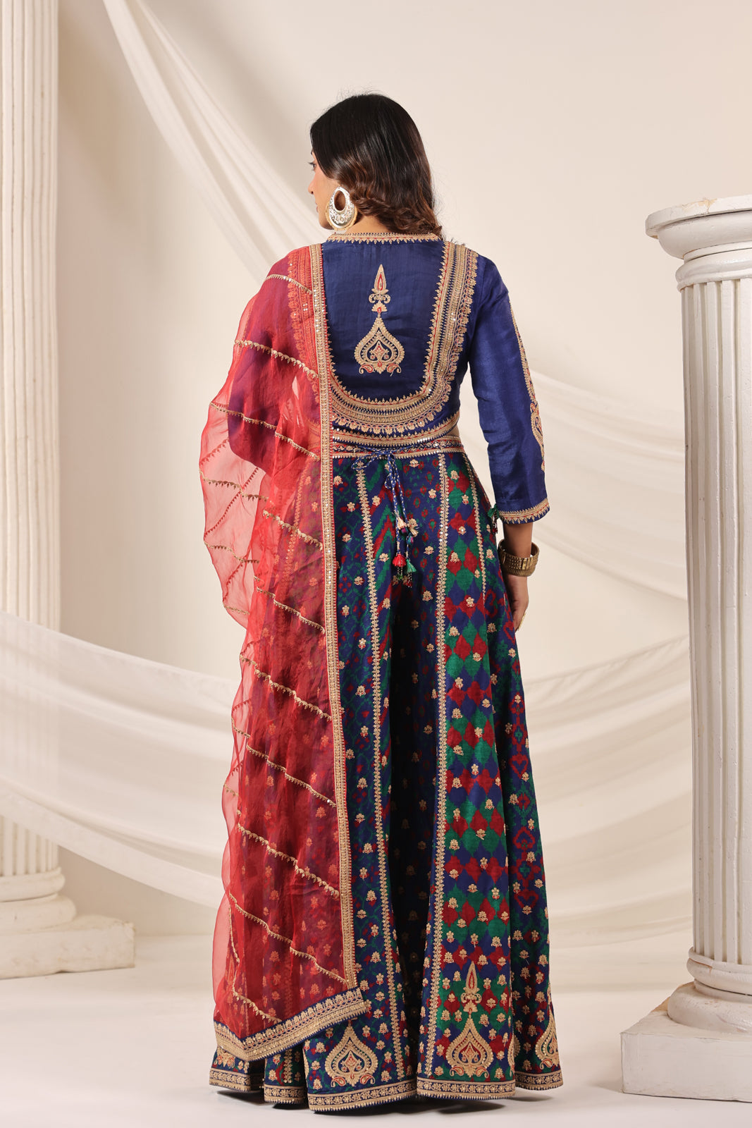 Blue Etnic Peplum Kurti With Lehanga Set And Orange Embroided Dupatta