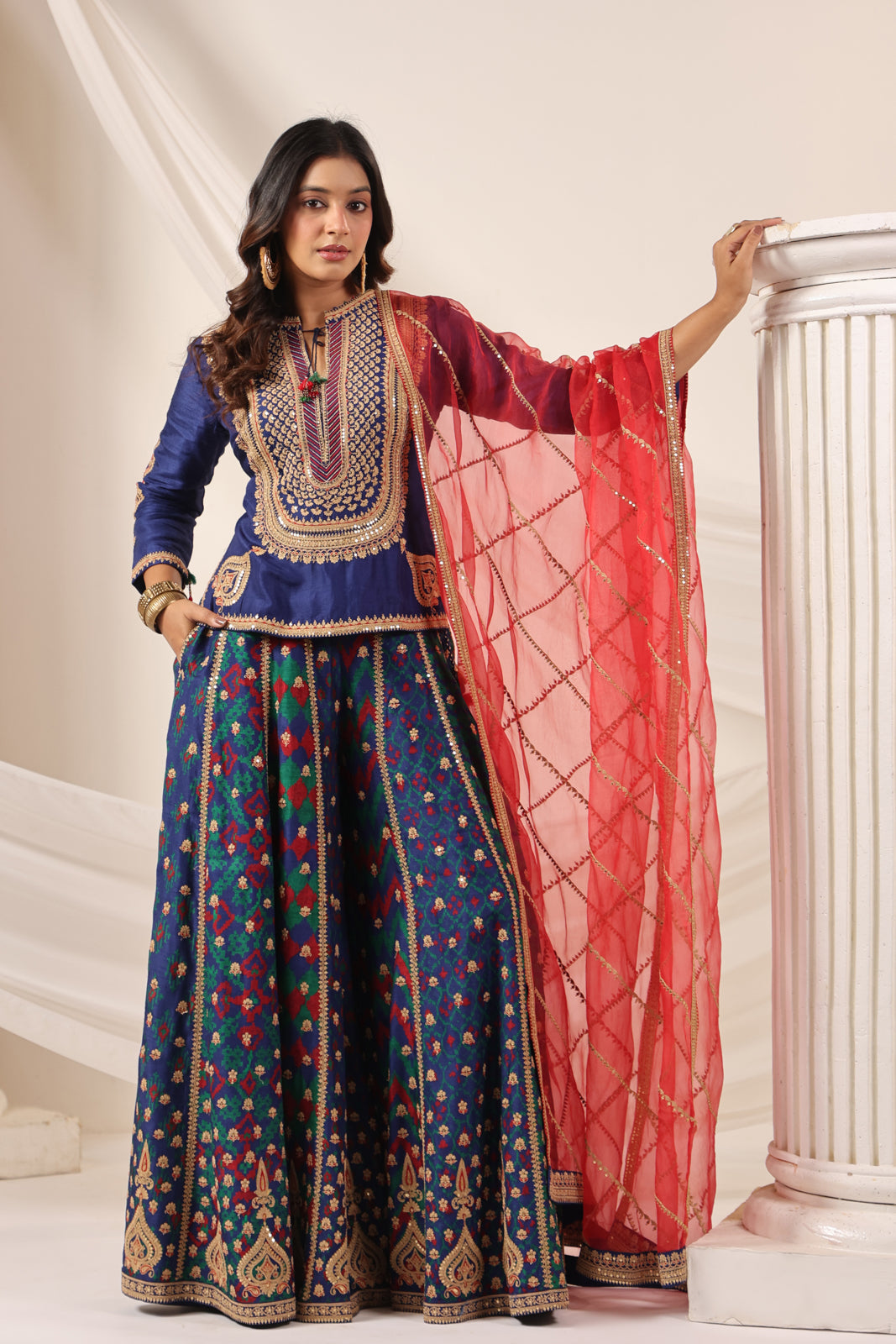 Blue Etnic Peplum Kurti With Lehanga Set And Orange Embroided Dupatta