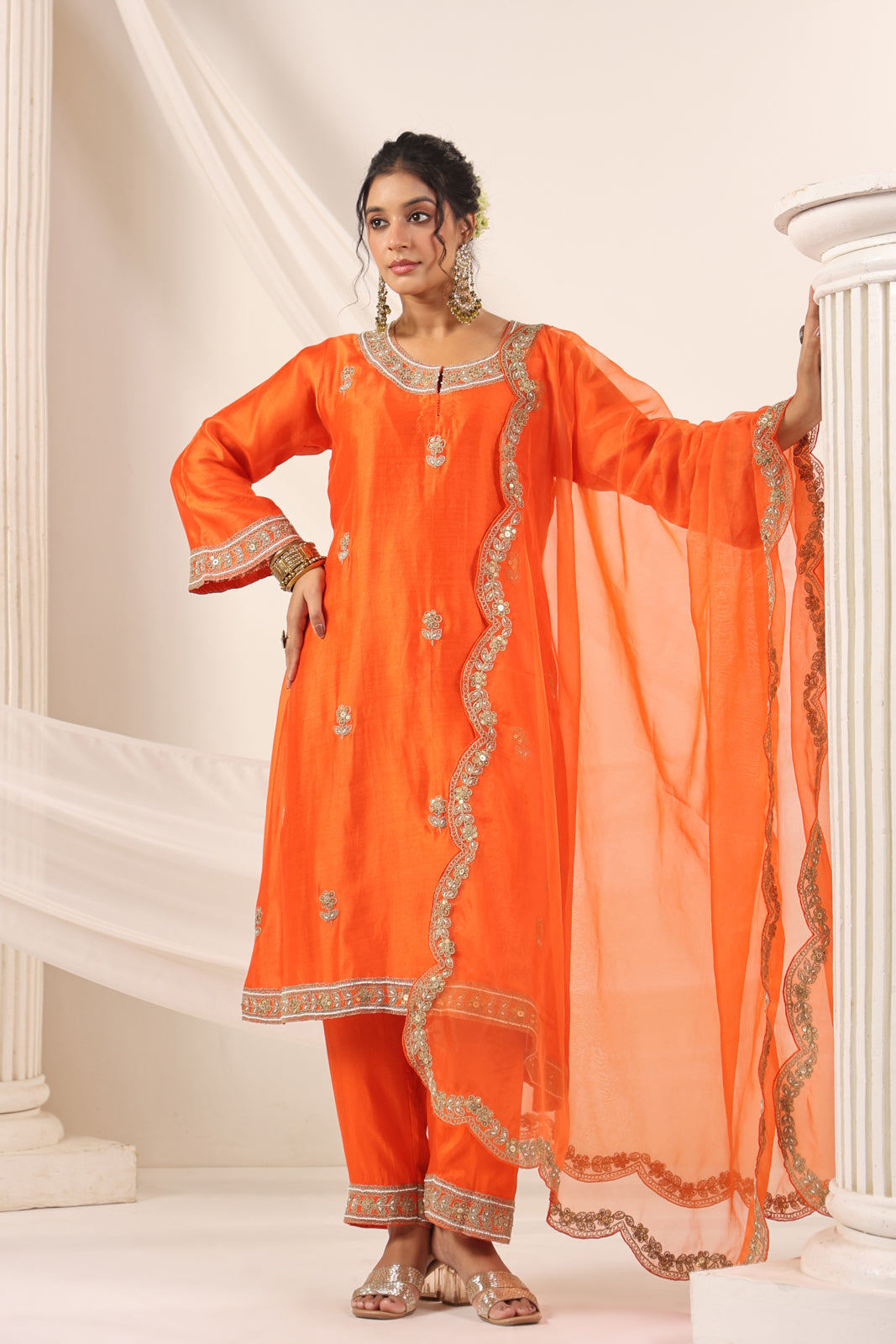 Orange Mul Chanderi Festive Salwar Suit With Elegant Embroidery