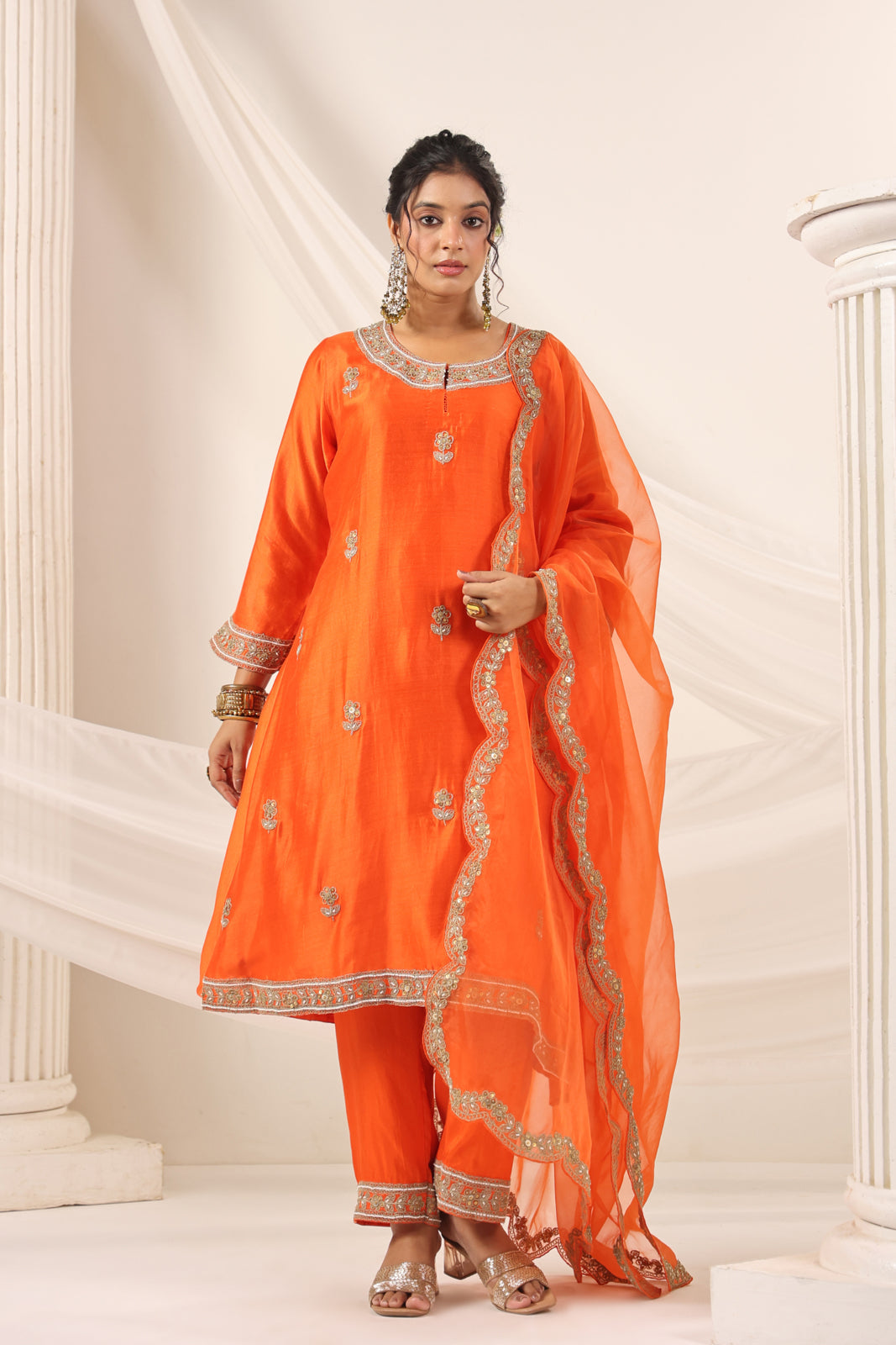 Orange Mul Chanderi Festive Salwar Suit With Elegant Embroidery