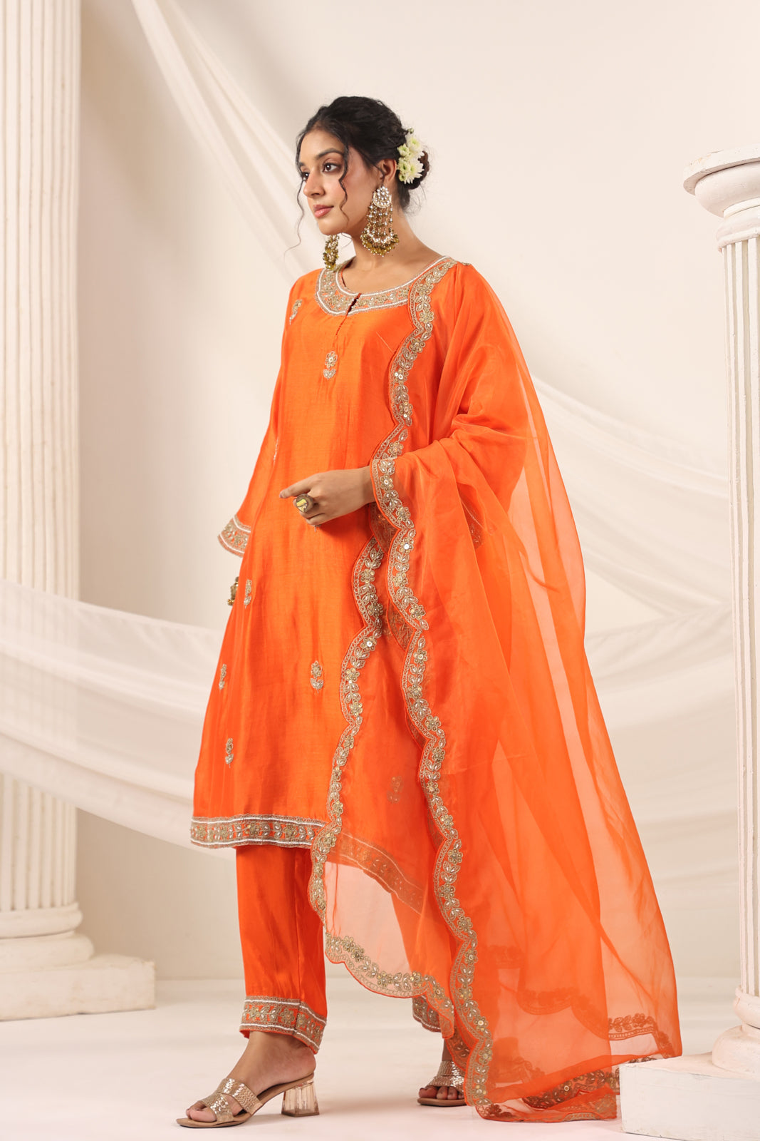 Orange Mul Chanderi Festive Salwar Suit With Elegant Embroidery