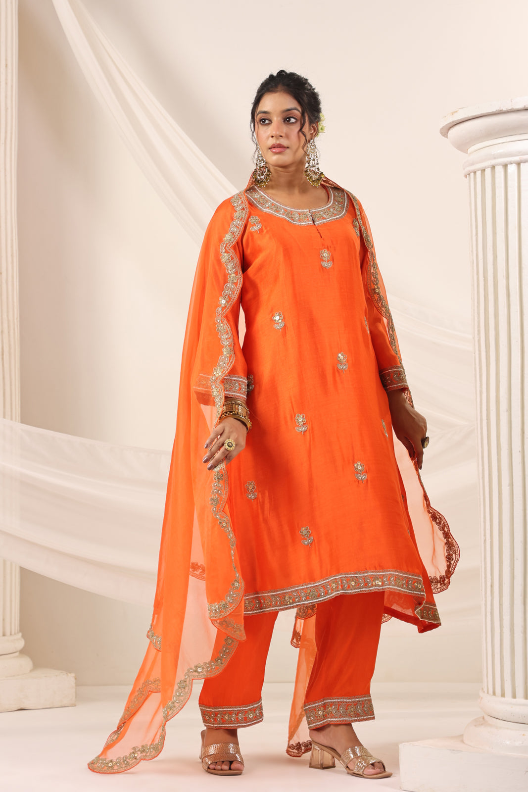 Orange Mul Chanderi Festive Salwar Suit With Elegant Embroidery