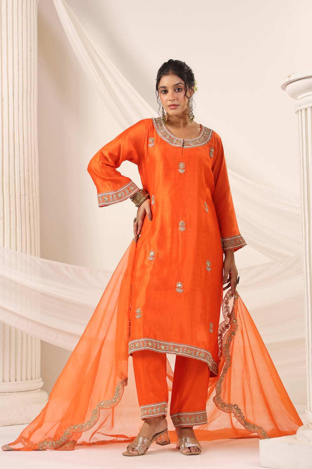 Orange Mul Chanderi Festive Salwar Suit With Elegant Embroidery