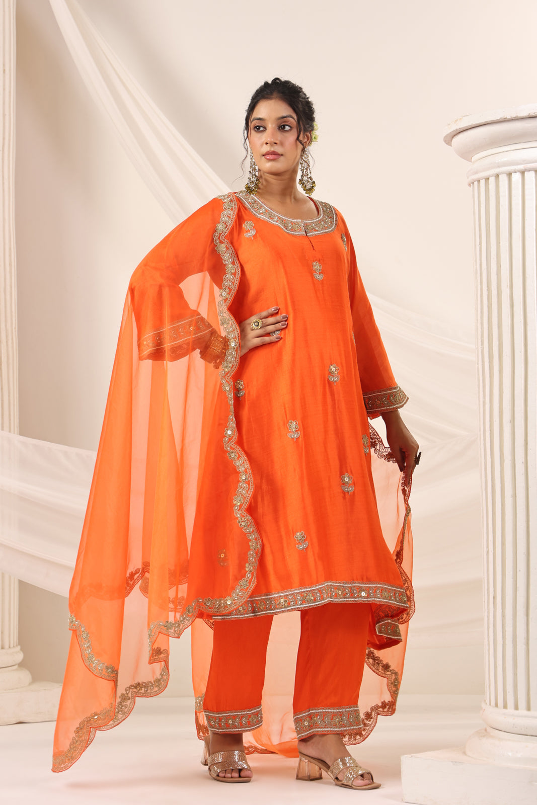 Orange Mul Chanderi Festive Salwar Suit With Elegant Embroidery