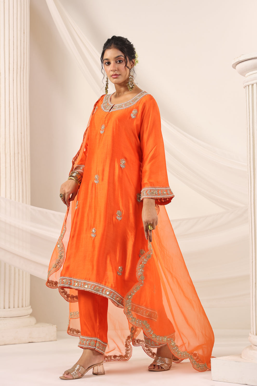 Orange Mul Chanderi Festive Salwar Suit With Elegant Embroidery