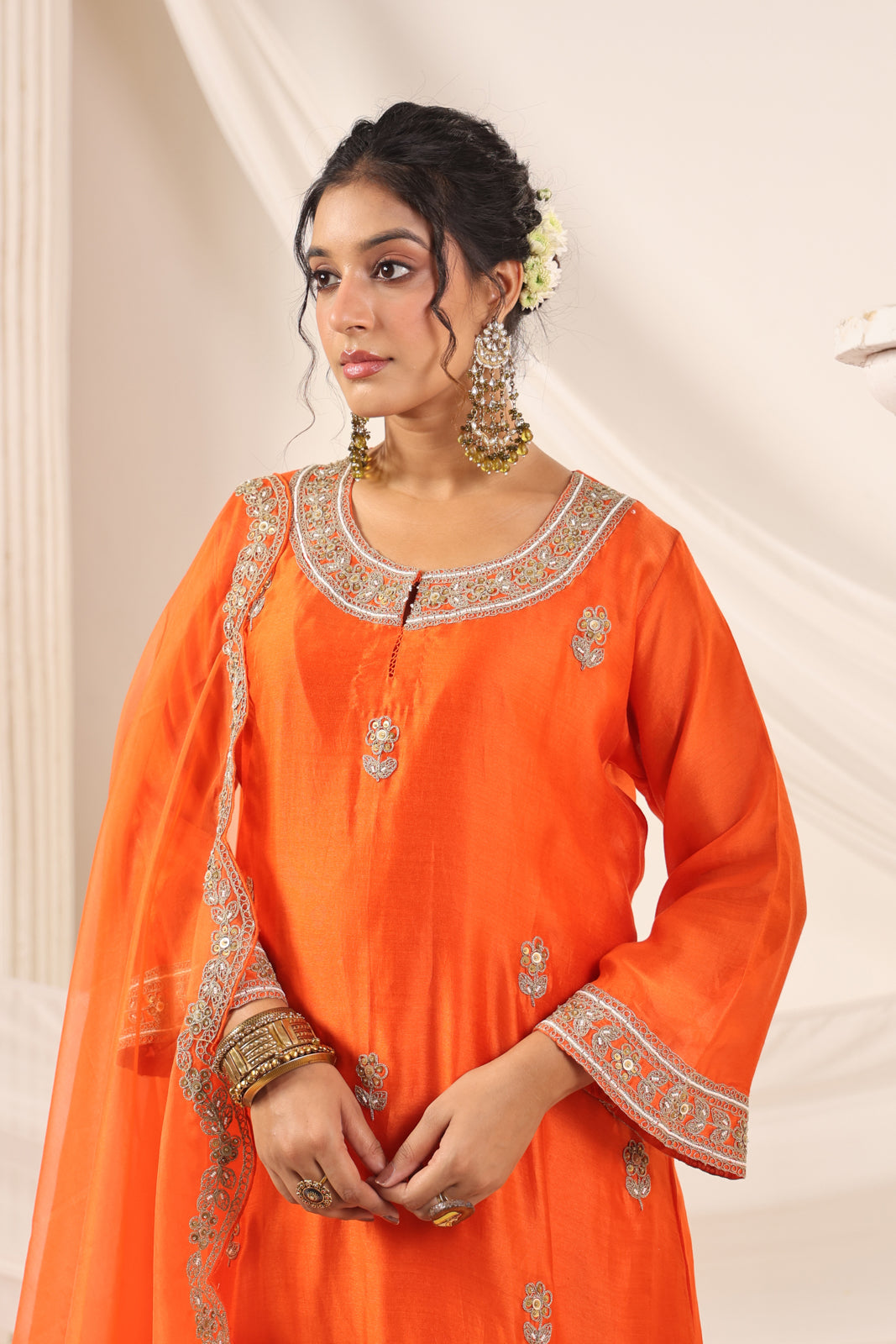 Orange Mul Chanderi Festive Salwar Suit With Elegant Embroidery
