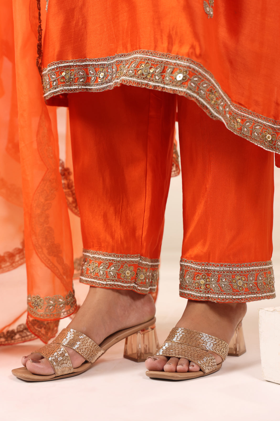 Orange Mul Chanderi Festive Salwar Suit With Elegant Embroidery