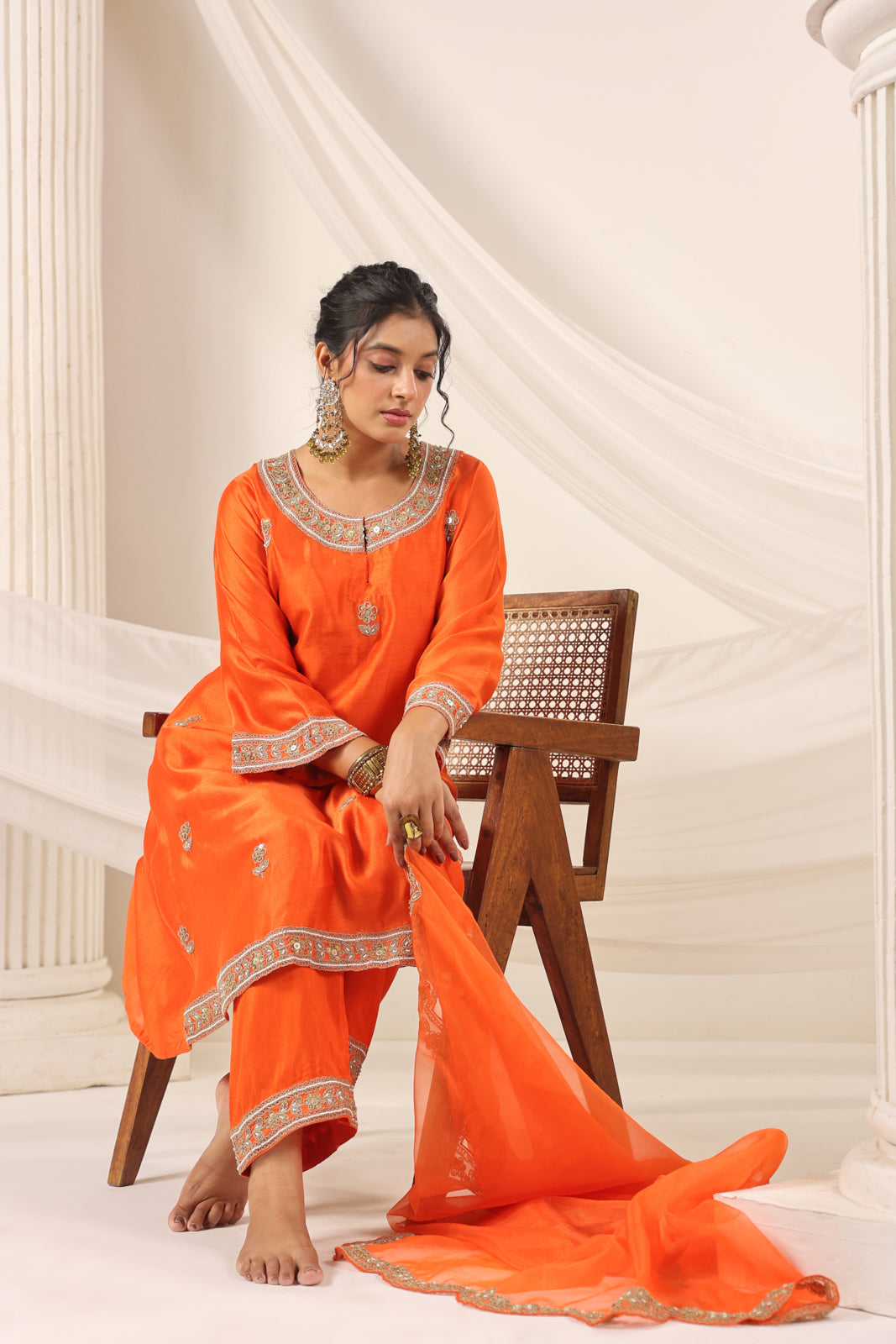 Orange Mul Chanderi Festive Salwar Suit With Elegant Embroidery
