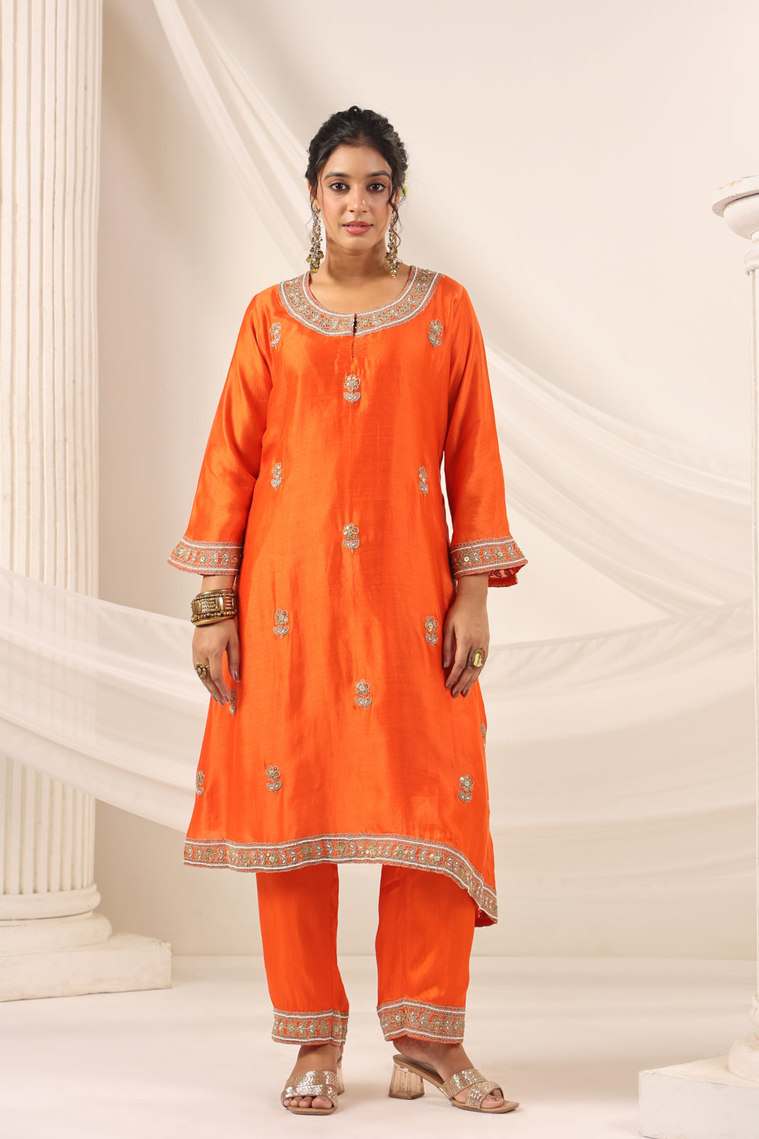 Orange Mul Chanderi Festive Salwar Suit With Elegant Embroidery