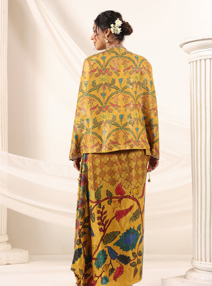 Mustard Yellow Fusion Set With Crop Top And Dreped Skirt Paired Long Ethnic Jacket