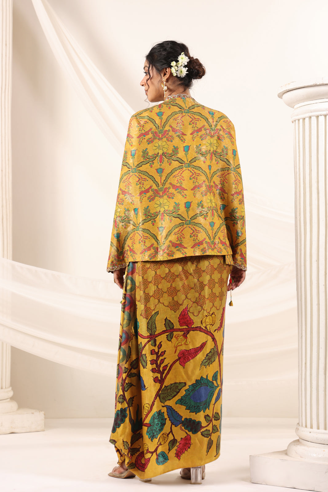 Mustard Yellow Fusion Set With Crop Top And Dreped Skirt Paired Long Ethnic Jacket