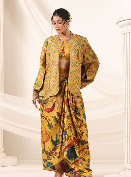 Mustard Yellow Fusion Set With Crop Top And Dreped Skirt Paired Long Ethnic Jacket