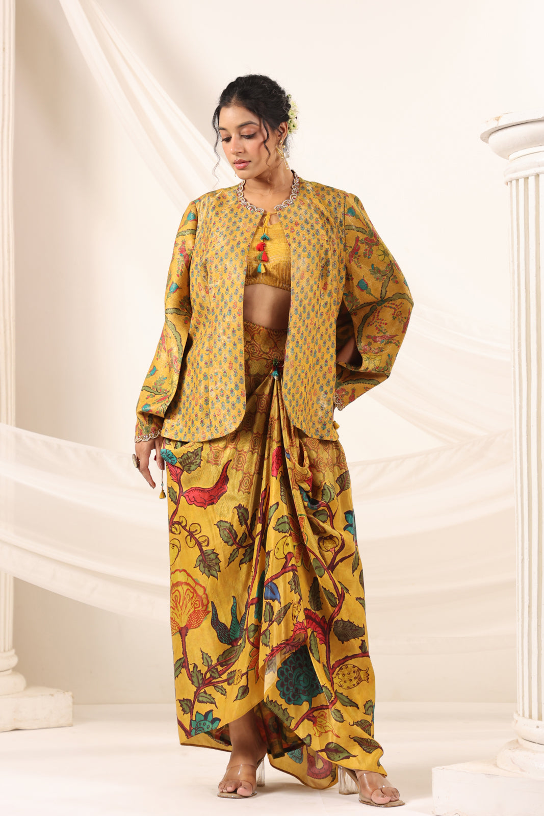 Mustard Yellow Fusion Set With Crop Top And Dreped Skirt Paired Long Ethnic Jacket