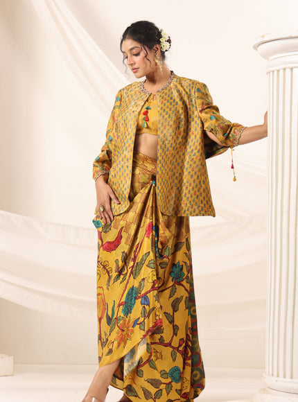 Mustard Yellow Fusion Set With Crop Top And Dreped Skirt Paired Long Ethnic Jacket