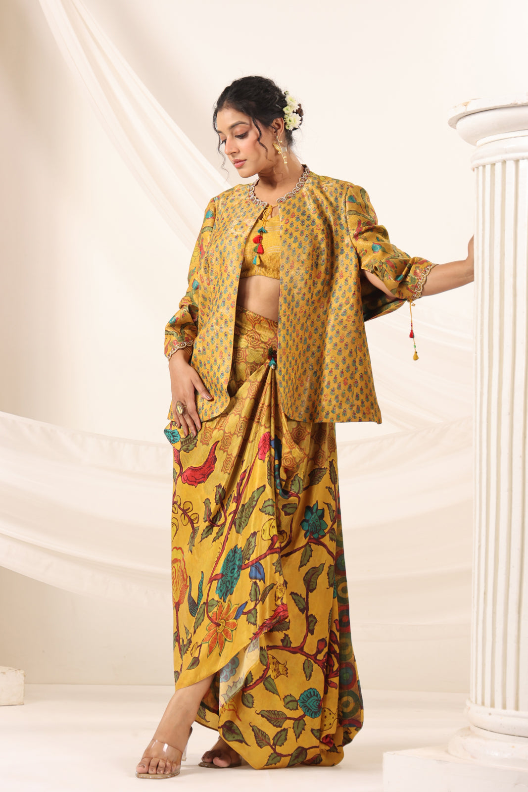 Mustard Yellow Fusion Set With Crop Top And Dreped Skirt Paired Long Ethnic Jacket
