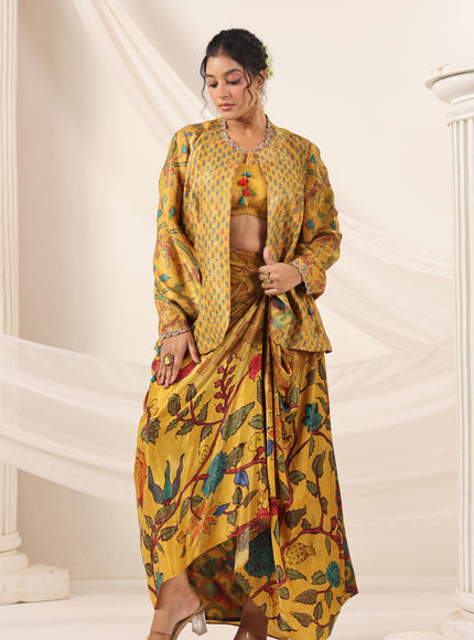 Mustard Yellow Fusion Set With Crop Top And Dreped Skirt Paired Long Ethnic Jacket