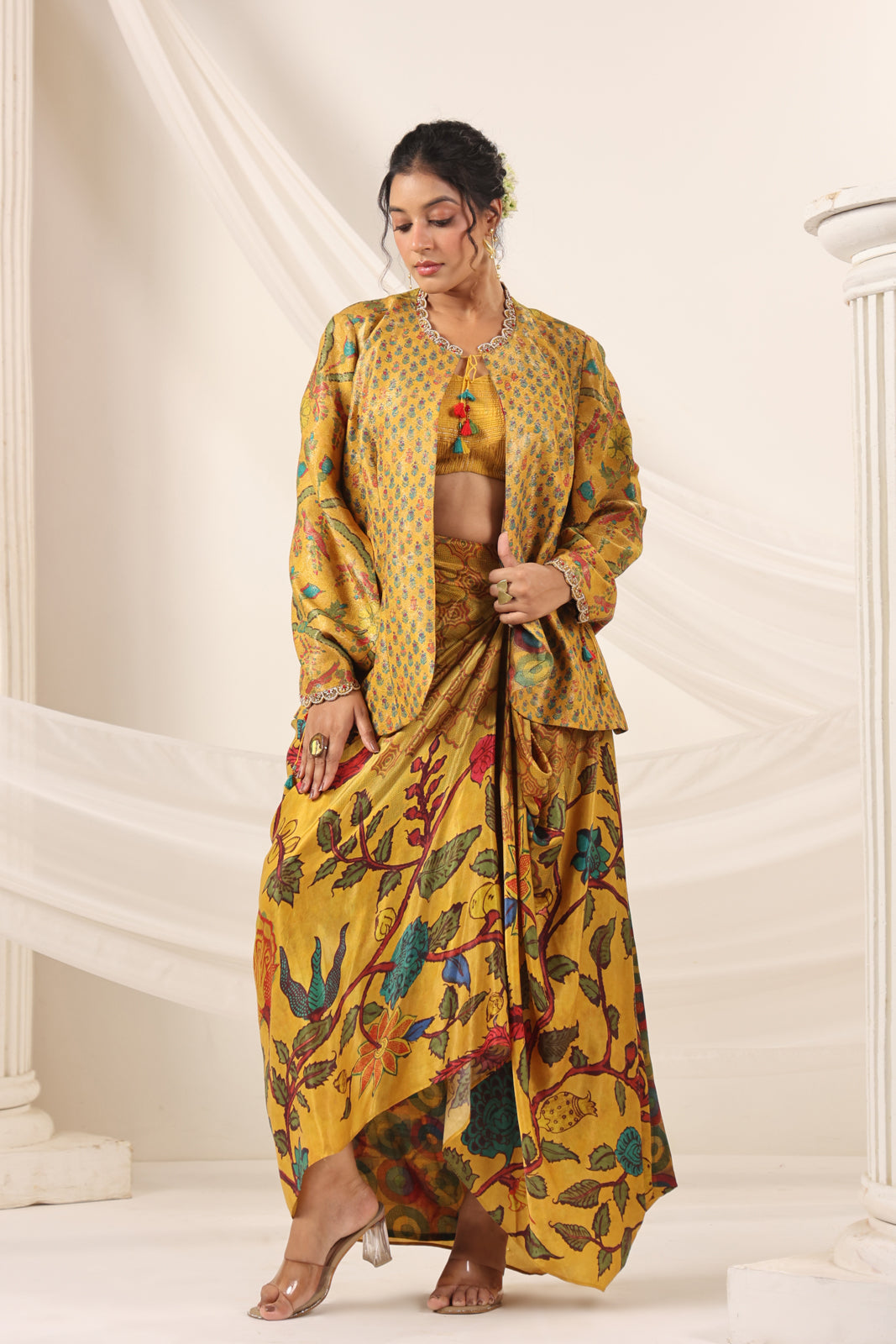 Mustard Yellow Fusion Set With Crop Top And Dreped Skirt Paired Long Ethnic Jacket