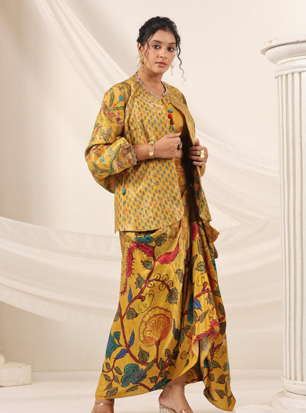 Mustard Yellow Fusion Set With Crop Top And Dreped Skirt Paired Long Ethnic Jacket