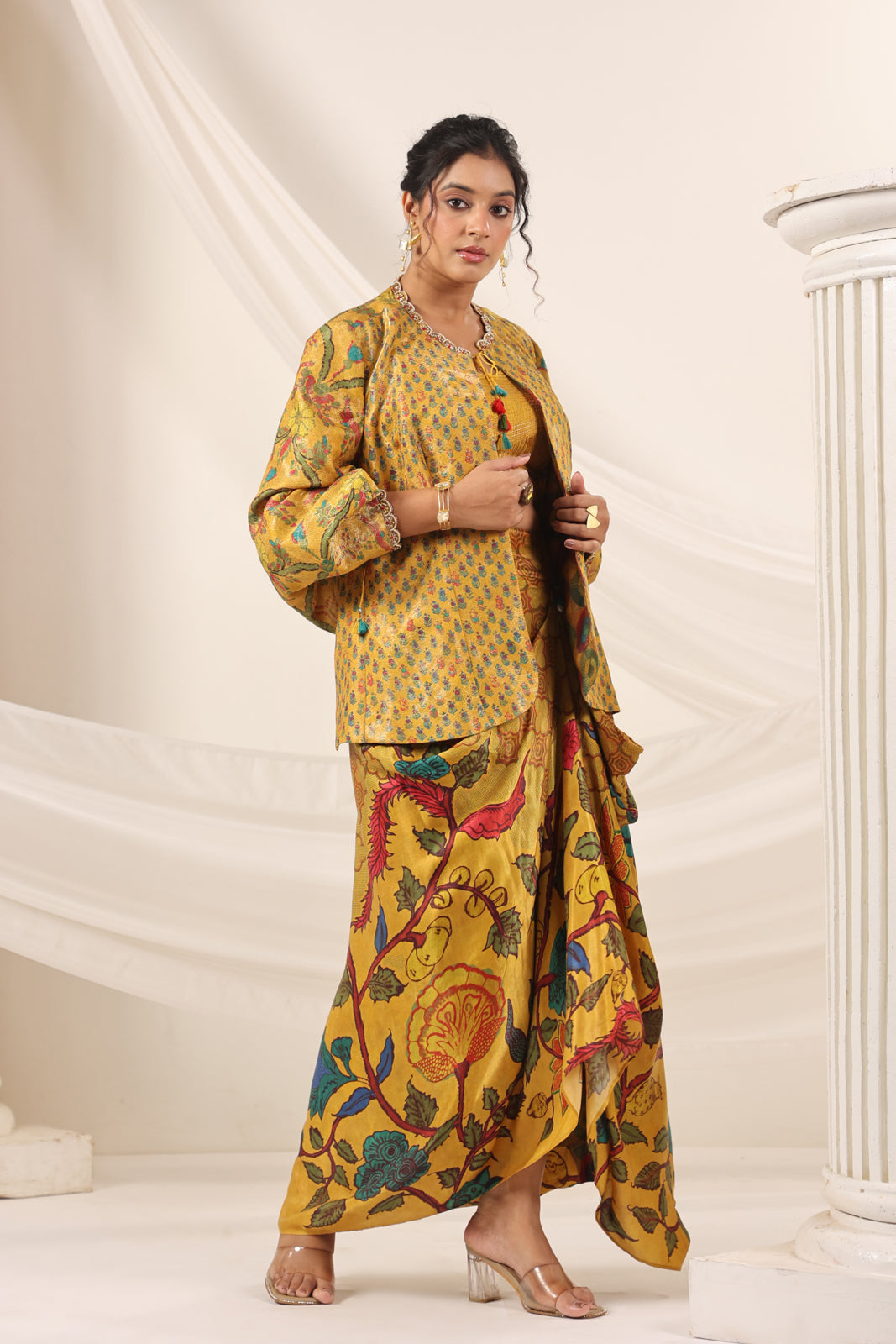 Mustard Yellow Fusion Set With Crop Top And Dreped Skirt Paired Long Ethnic Jacket