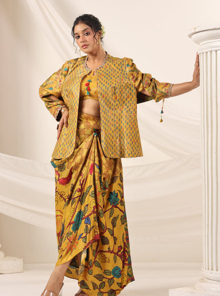 Mustard Yellow Fusion Set With Crop Top And Dreped Skirt Paired Long Ethnic Jacket