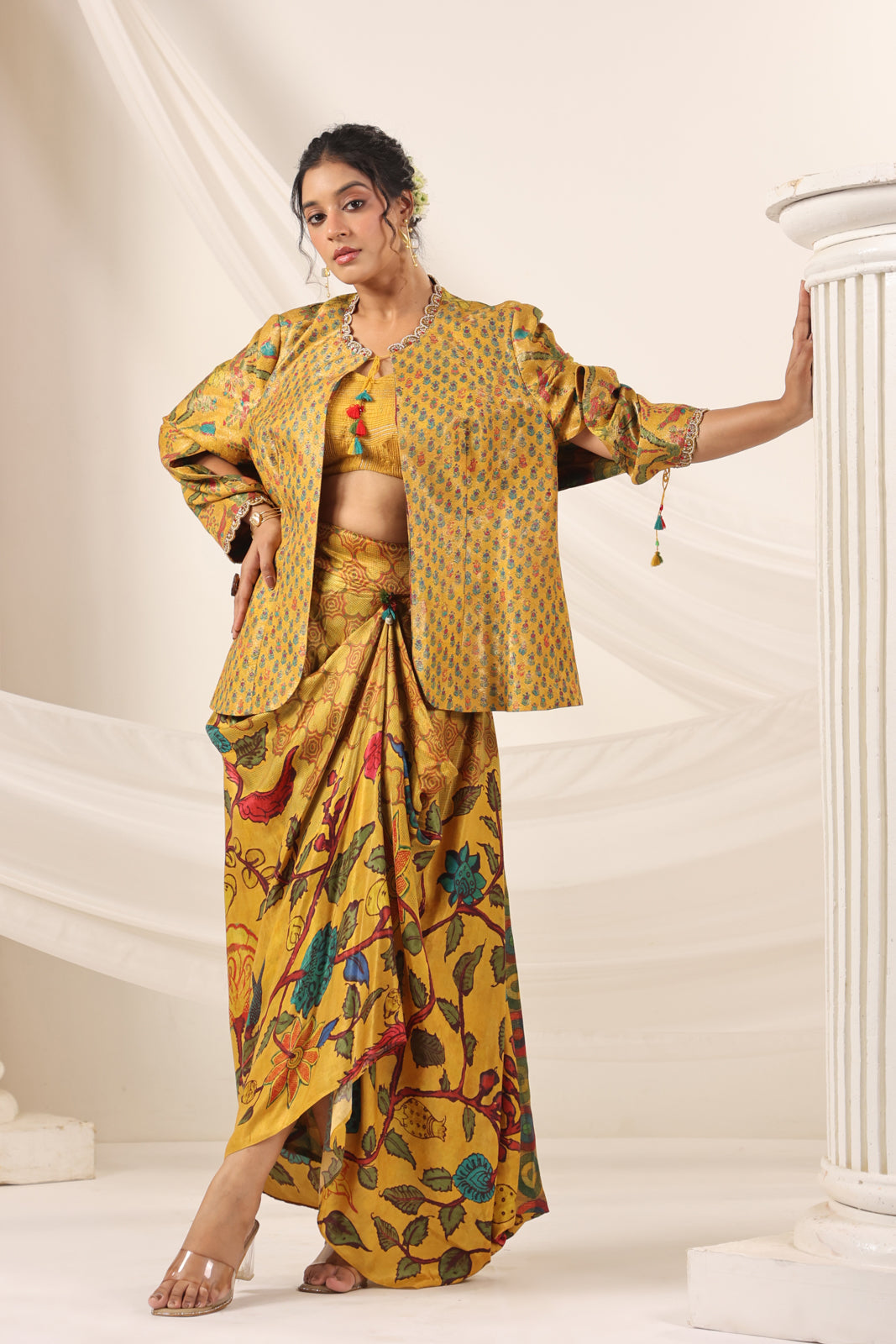 Mustard Yellow Fusion Set With Crop Top And Dreped Skirt Paired Long Ethnic Jacket
