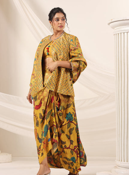 Mustard Yellow Fusion Set With Crop Top And Dreped Skirt Paired Long Ethnic Jacket